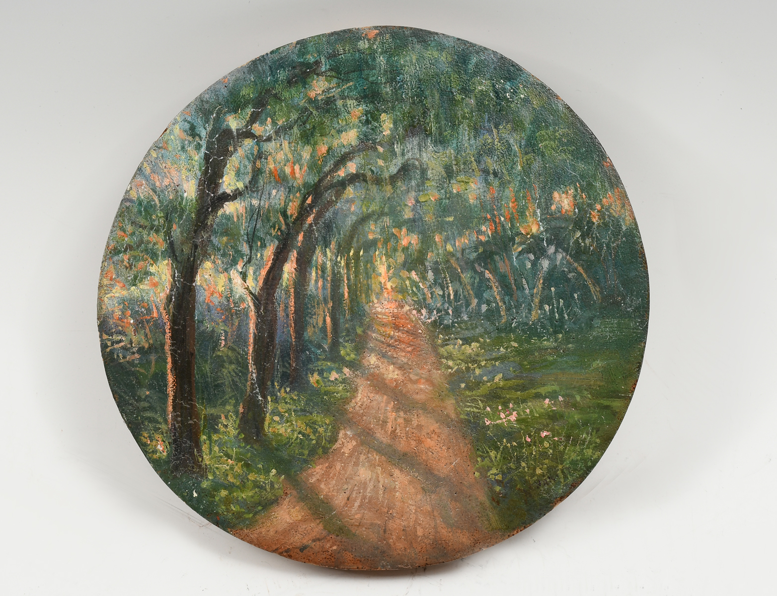 Appraisal: A E VINCENT FLORIDA PAINTING ON WOOD DISC ''Canopy Road''