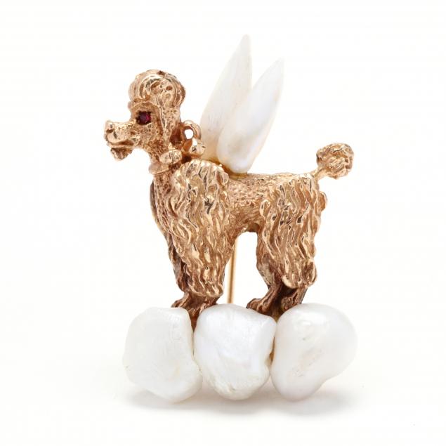 Appraisal: Vintage Gold Pearl and Ruby Poodle Brooch Designed in textured