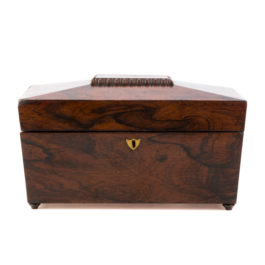 Appraisal: Regency rosewood sarcophagus tea caddy circa fitted interior with burl