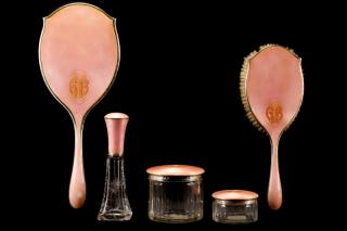 Appraisal: PC Pink Guilloche Dressing Set Christie's An early th century