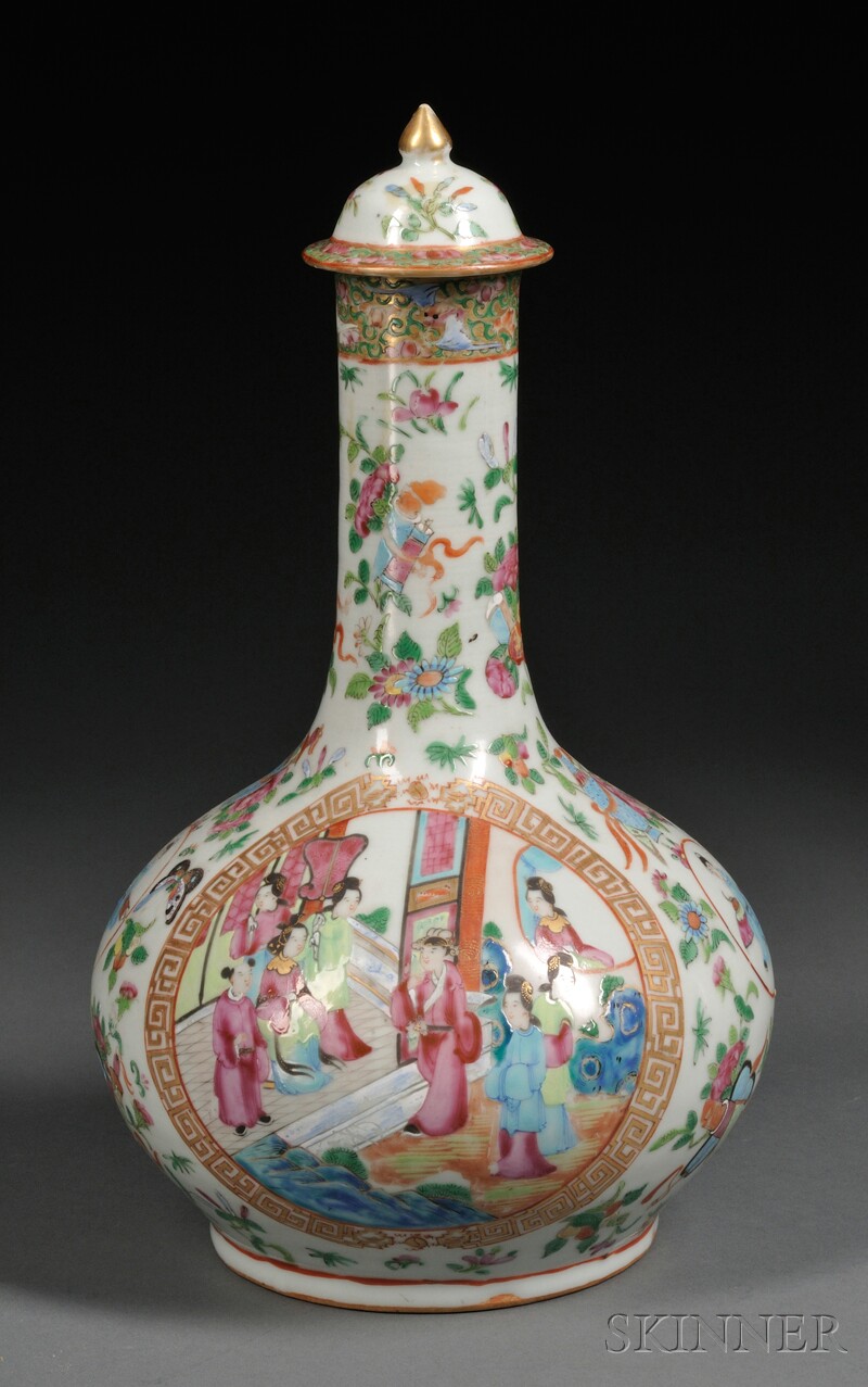 Appraisal: Mandarin-decorated Porcelain Covered Water Bottle China mid-to-late th century ht