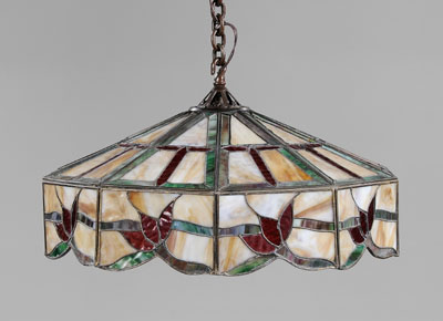 Appraisal: Stained Glass Hanging Shade ten floral panels of multi-colored glass