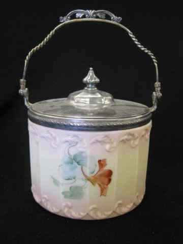 Appraisal: Victorian Art Glass Biscuit Jar Wavecrest or Nakara style handpainted