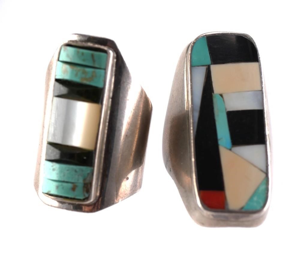 Appraisal: Two Native American rings with turquoise onyx MOP inlay Both