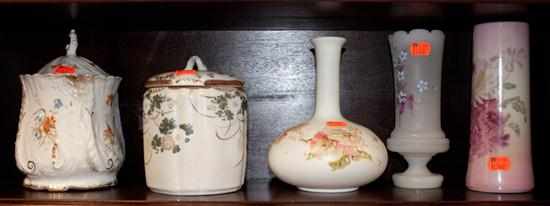 Appraisal: Two floral painted glass vases similar porcelain vase and two