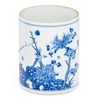 Appraisal: CHINESE BLUE AND WHITE PORCELAIN BRUSHPOT Woodland scene China th