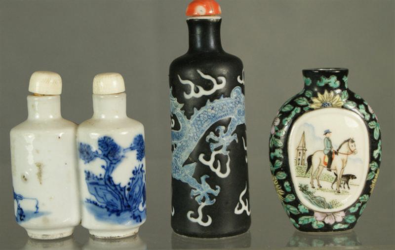 Appraisal: porcelain snuff bottles black ground with enameled decoration character red