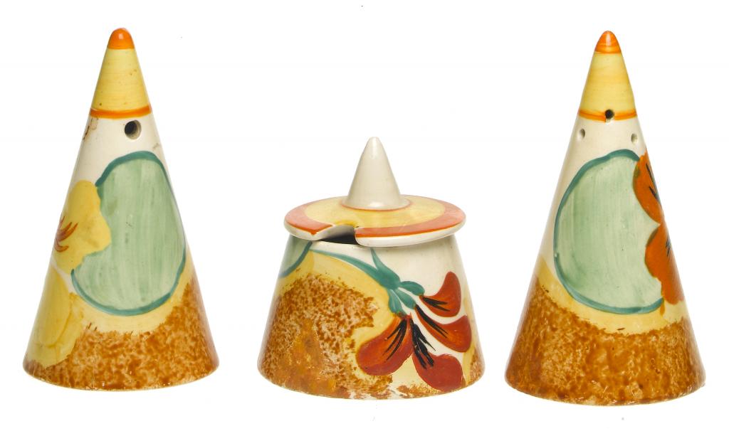 Appraisal: CLARICE CLIFF AN A J WILKINSON NASTURTIUM CONICAL CONDIMENT SET