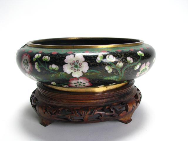 Appraisal: Chinese Floral Motif Cloisonne Bowl on Carved Wooden Pedestal black