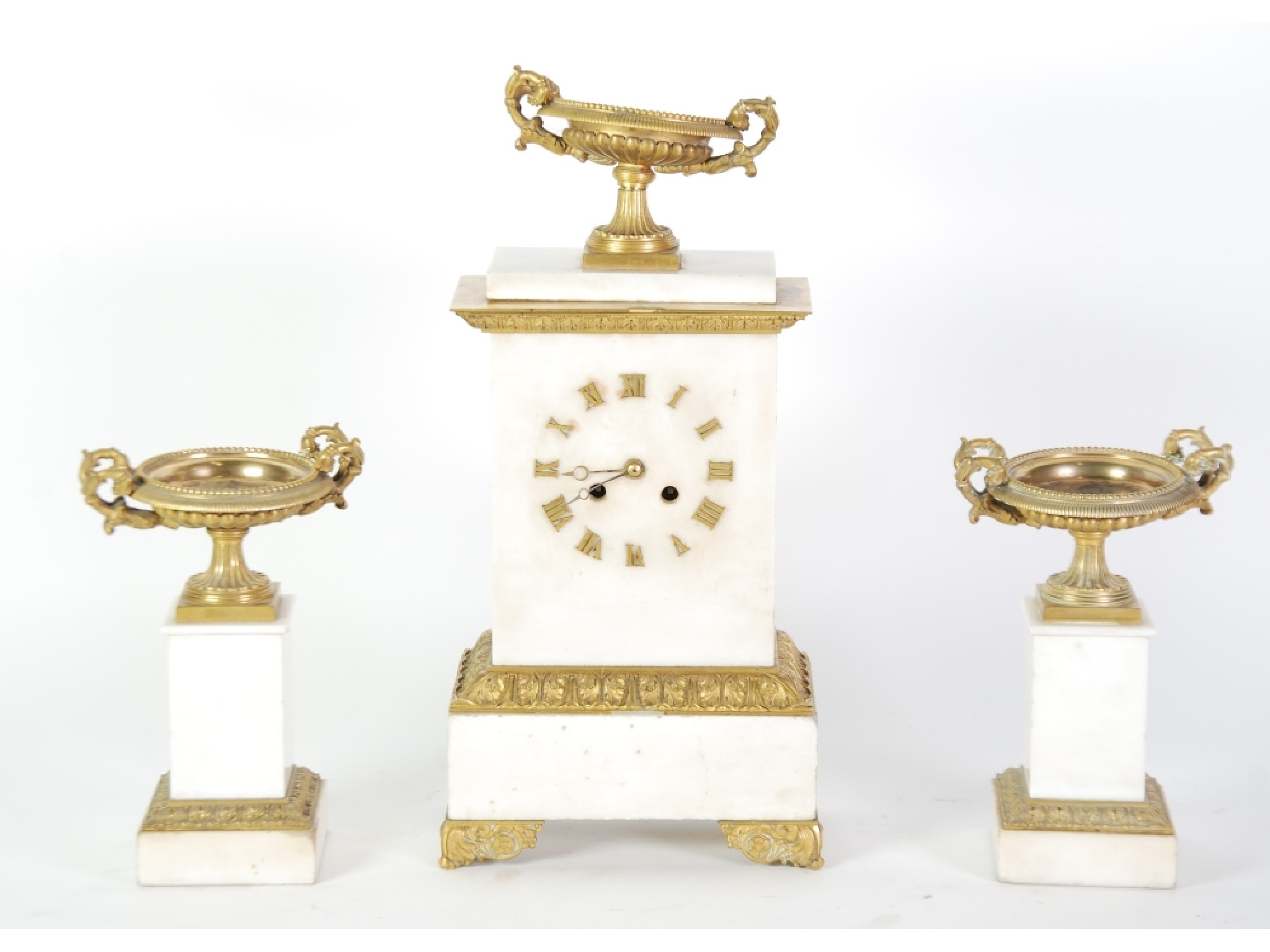 Appraisal: A FRENCH WHITE MARBLE AND ORMOLU GARNITURE DE CHEMIN E