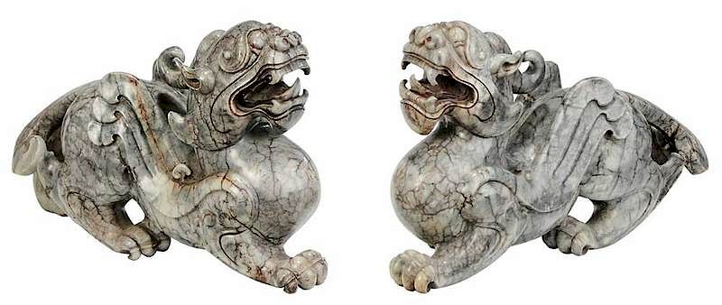 Appraisal: Large Pair Marble Chimera or Bixie Chinese carved gray variegated