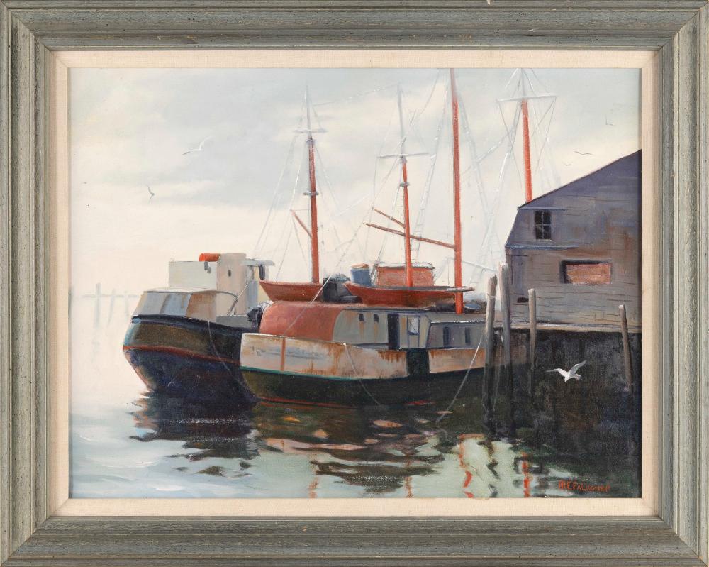 Appraisal: MARGUERITE E FALCONER MASSACHUSETTS LATE TH CENTURY FOGGY MORNING DOCK