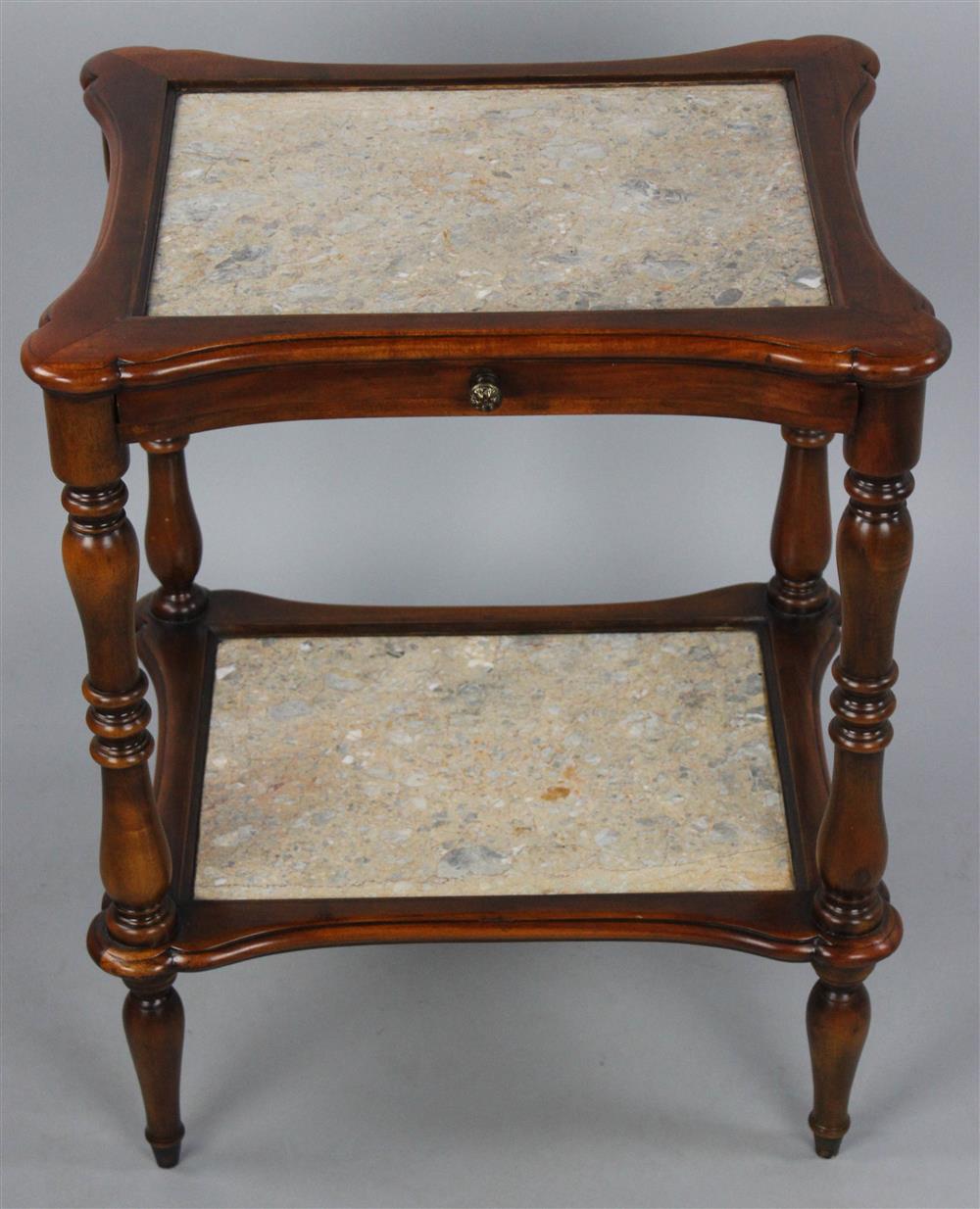 Appraisal: SHERATON STYLE CHERRYWOOD AND MARBLE TWO TIERED TABLE having a