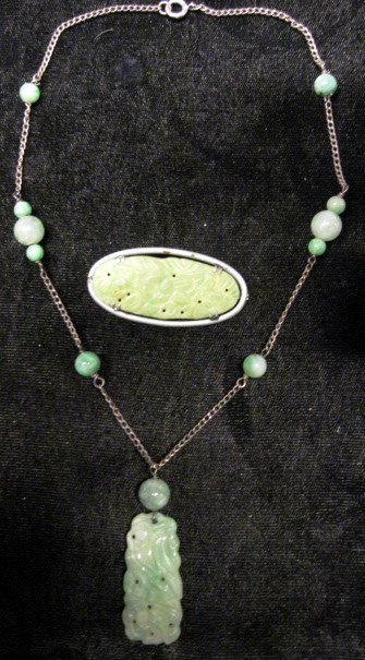 Appraisal: Silver and jade pendant necklace and silver and jade broochL