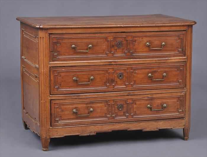 Appraisal: LOUIS XVI PROVINCIAL WALNUT COMMODE The molded top with chamfered