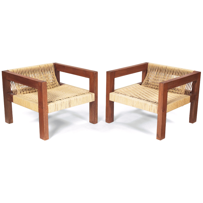 Appraisal: South American Modern chairs pair solid wood frames with dovetail