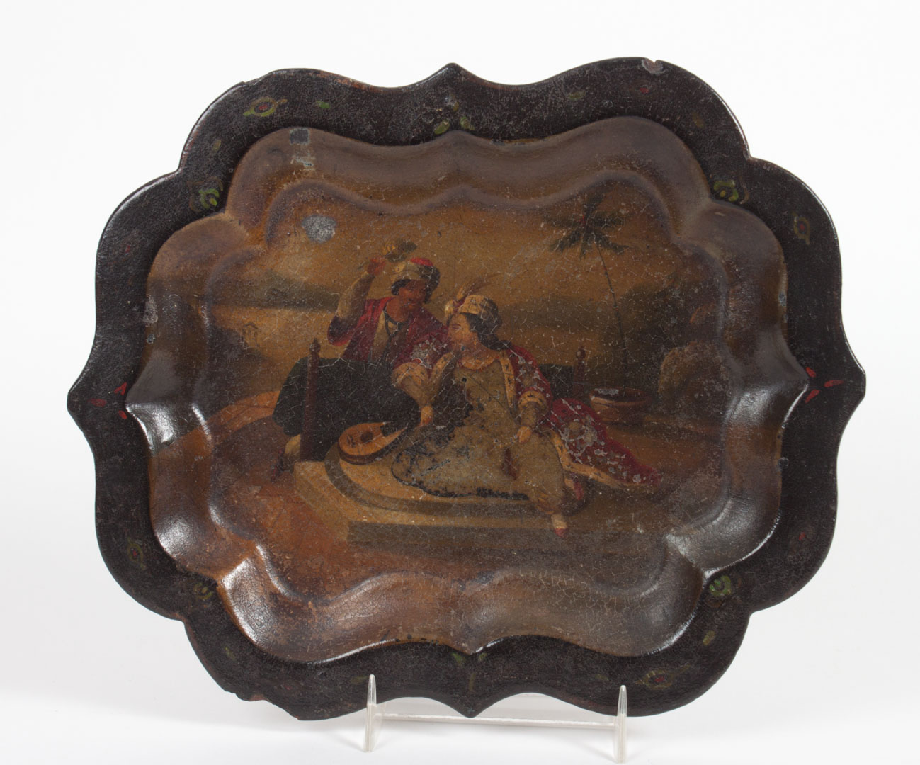 Appraisal: Regency miniature papier-mache tray circa shaped tray with painted Turkish