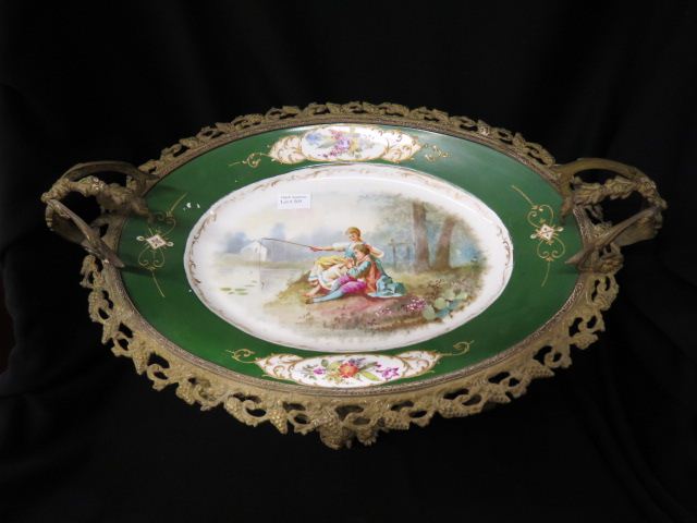 Appraisal: Sevres Porcelain Ormoulu Centerpiece young lovers fishing green border elaborate