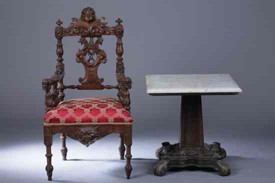 Appraisal: VICTORIAN WALNUT OPEN-ARM CHAIR AND MAHOGANY SIDE TABLE Late th