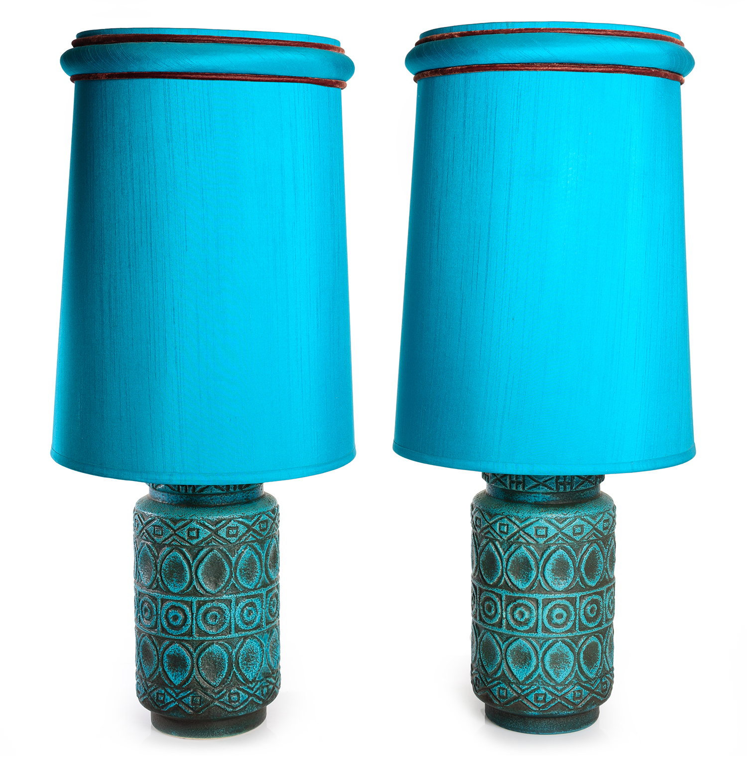 Appraisal: PAIR OF WEST GERMAN CERAMIC LAMPS Aqua shade fully rewired