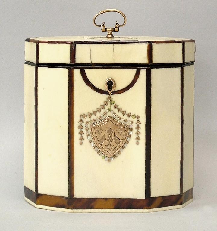 Appraisal: Good small ivory and tortoiseshell banded decagon English tea caddy