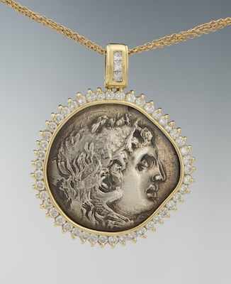 Appraisal: A Greek Coin and Diamond Pendant on Chain k yellow