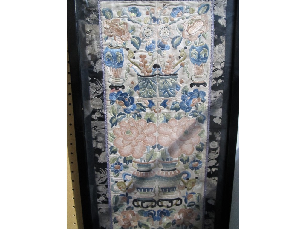 Appraisal: Lot comprising framed oriental embroidered panels