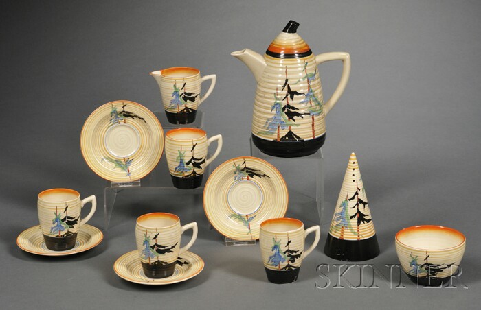 Appraisal: Twelve Clarice Cliff Bizarre Ware Pine Groves Pattern Tea Ware