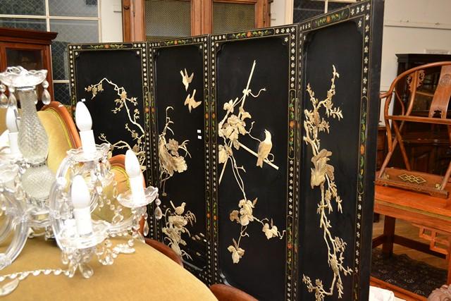 Appraisal: A FOUR PANEL ORIENTAL SCREEN WITH MOTHER OF PEARL INSET