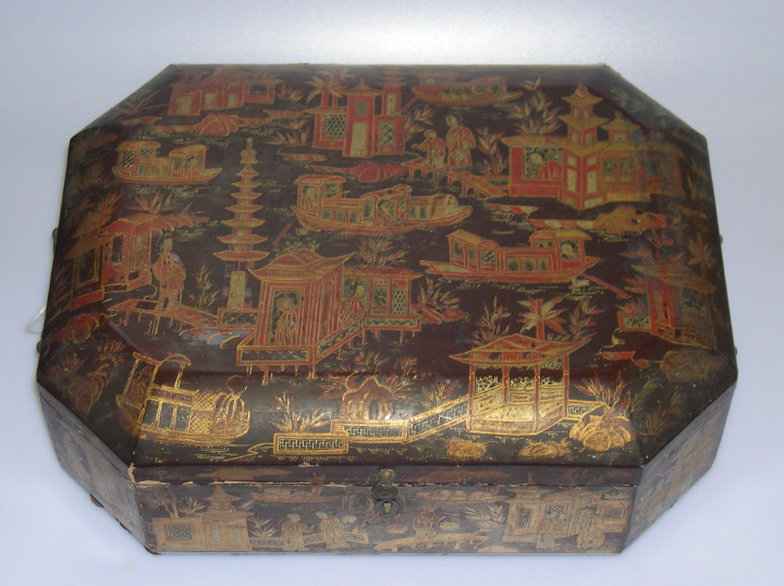 Appraisal: Chinese Export Gilt-Brass-Mounted Black-and-Gold Lacquer Octagonal Workbox second quarter th