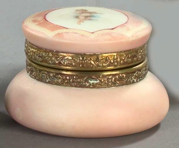 Appraisal: C F Monroe Gilt-Brass-Mounted Pink Nakara Glass Circular Jewel Box