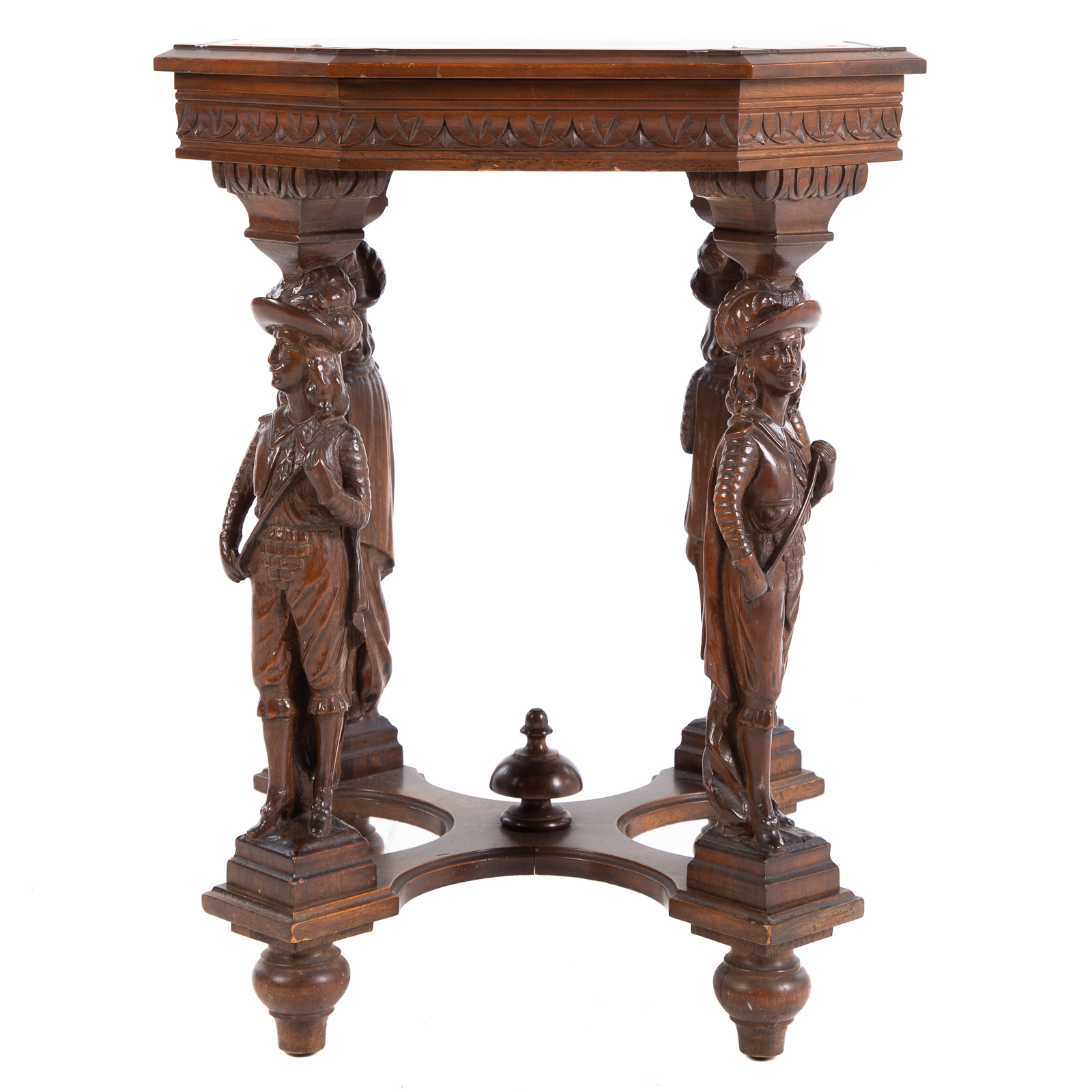 Appraisal: CONTINENTAL WALNUT CARVED OCTAGONAL FIGURAL TABLE Circa s- s incised