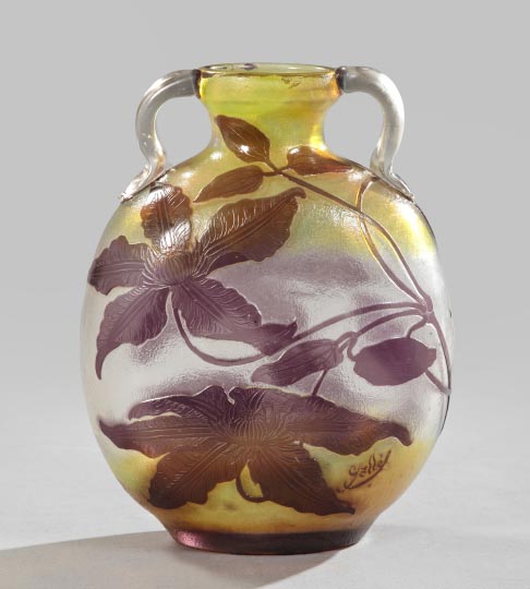 Appraisal: French Art Nouveau-Style Cameo-Cut Glass Two-Handled Vase in colorless amethyst