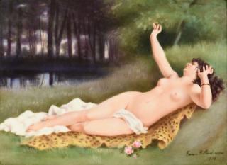 Appraisal: Signed Porcelain Plaque Nude on Leopard Rug Framed hand painted