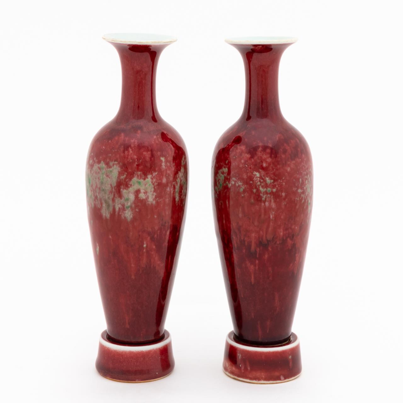 Appraisal: CHINESE PEACHBLOOM LIUYEPING VASES ON STANDS PC Pair of Chinese