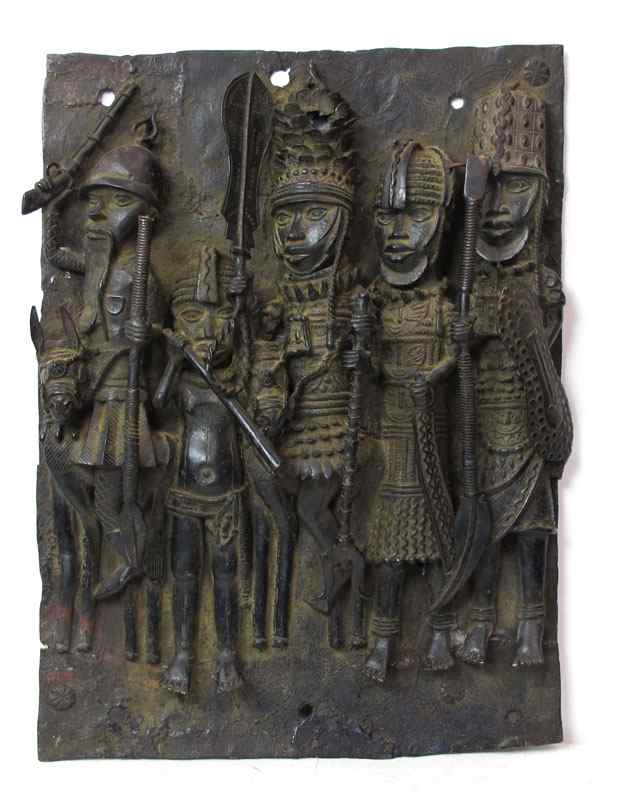 Appraisal: BENIN AFRICAN BRONZE PLAQUES SCULPTURE Depicting five warriors and a