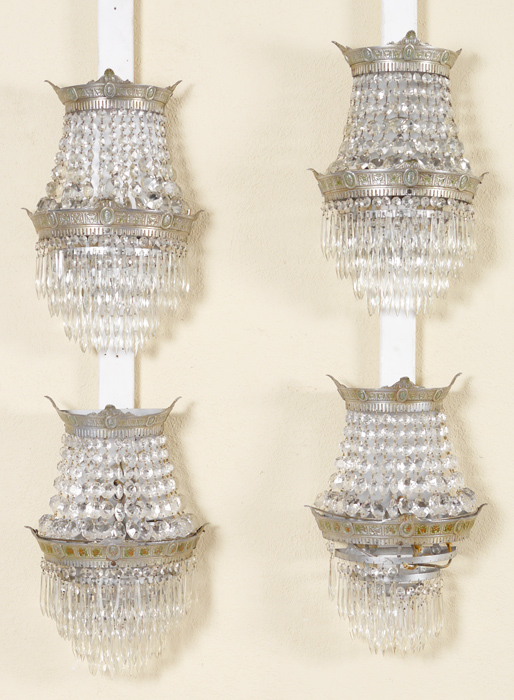 Appraisal: FRENCH EMPIRE STYLE LIGHT SCONCES Each with embossed metal frames