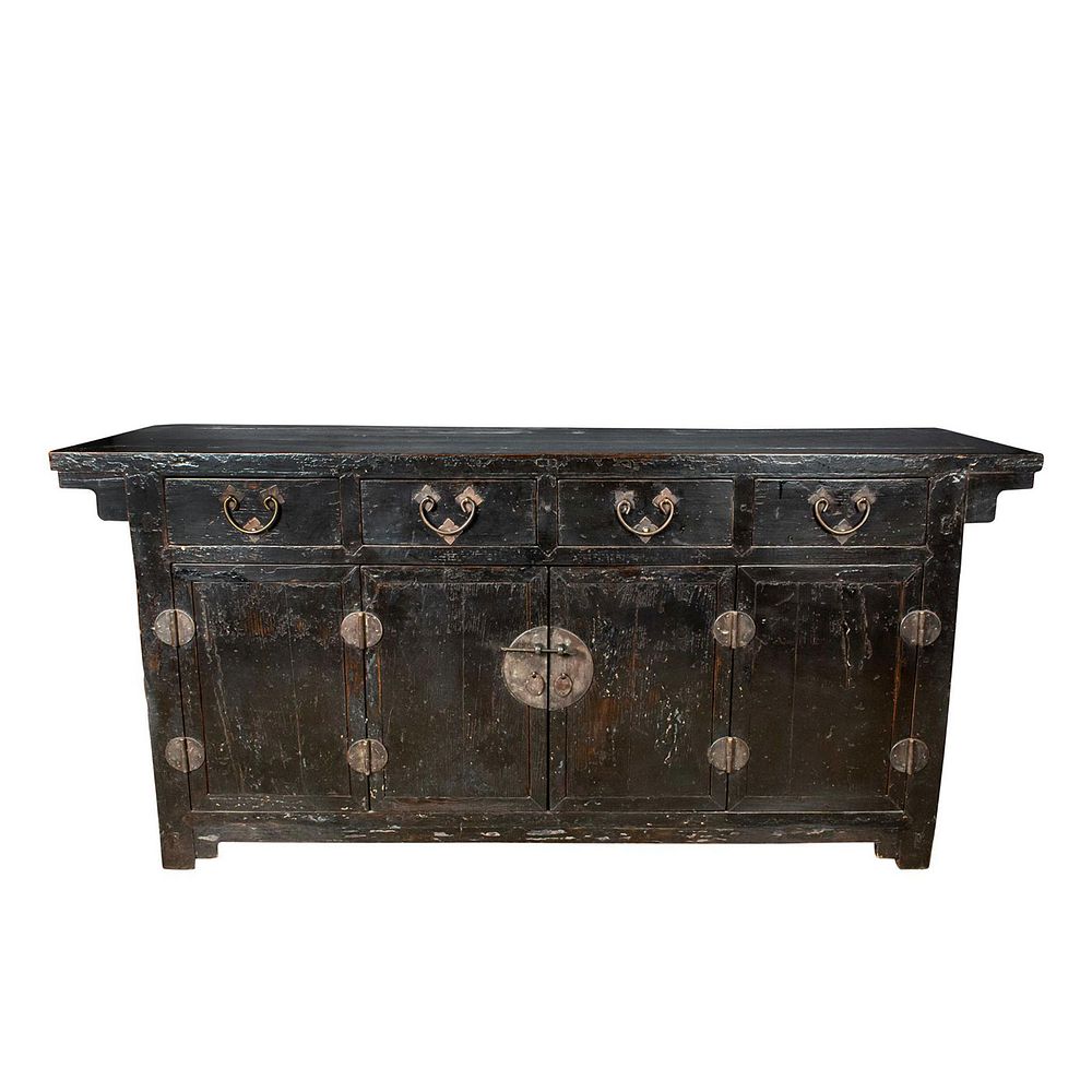 Appraisal: LATE s BLACK LACQUER ELM WOOD CHINESE COFFER foot coffer