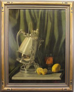 Appraisal: Signed Still Life Lemons Silver Pitcher Glass Signed Still Life