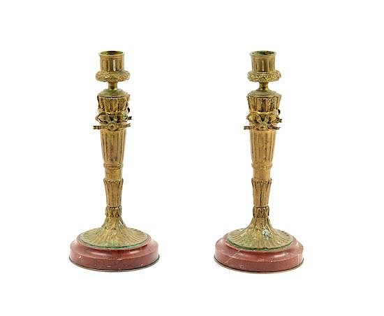 Appraisal: A Pair of French Marble and Gilt Bronze Candlesticks Height