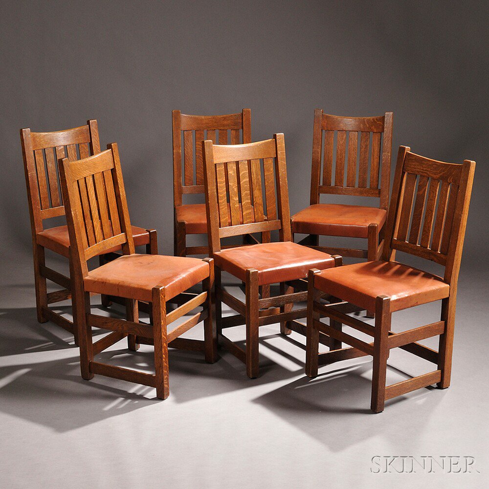 Appraisal: Six Limbert Arts Crafts Dining Chairs Oak leather upholstery Grand