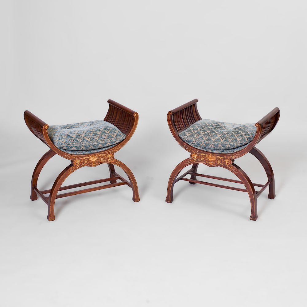 Appraisal: Pair of Edwardian Inlaid Mahogany Curule-Form Stools Each upholstered in