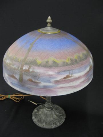 Appraisal: Antique Reverse Painted Boudoir Lamp waterfront cottage scene shade bronzed