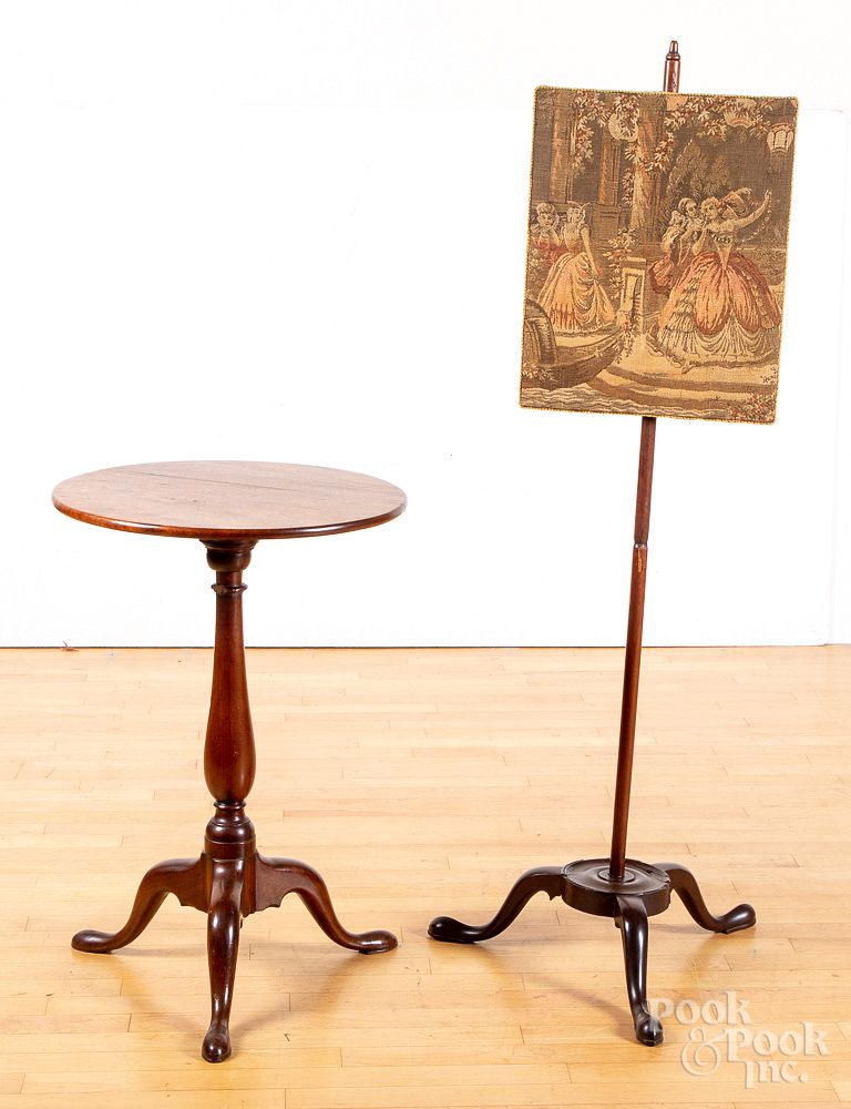 Appraisal: George II mahogany candlestand and polescreen George II mahogany candlestand