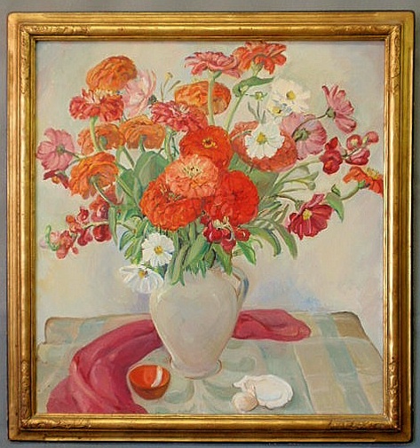 Appraisal: Oil on canvas still life painting of a vase of