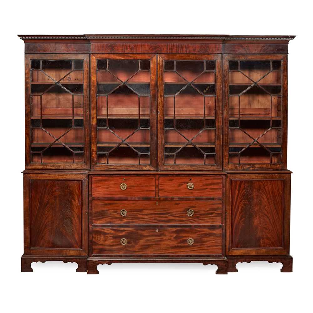 Appraisal: GEORGIAN STYLE MAHOGANY BREAKFRONT SECRETAIRE BOOKCASE TH CENTURY the dentil