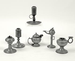 Appraisal: MINIATURE PEWTER LAMPS Collection of Miniature Pewter Oil Lamps including