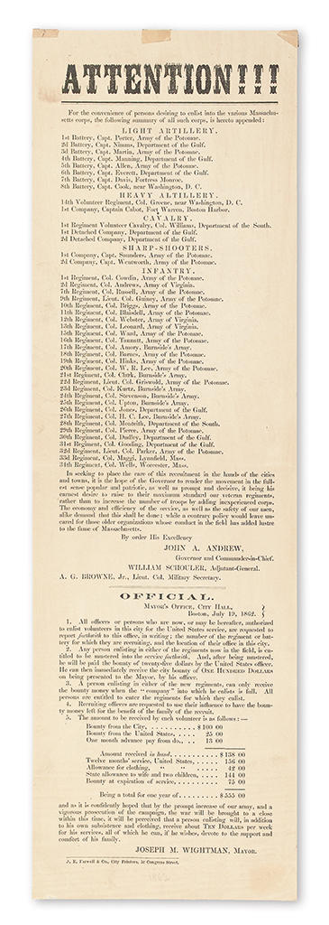 Appraisal: CIVIL WAR--MASSACHUSETTS Andrew John A and Joseph M Wightman Attention