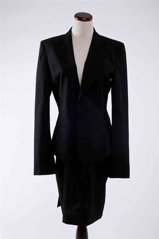 Appraisal: BALENCIAGA BLACK WOOL GABARDINE SUIT s size Single brested jacket