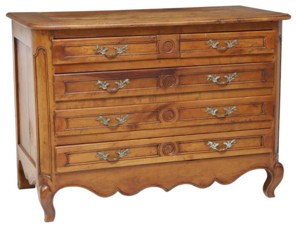 Appraisal: FRENCH LOUIS XV STYLE FIVE DRAWER COMMODELouis XV style fruitwood